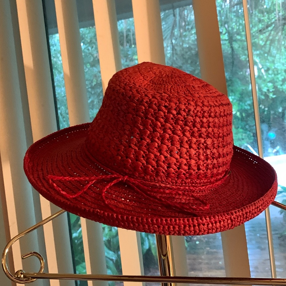 Scala Bright Red Woven Fedora Hat